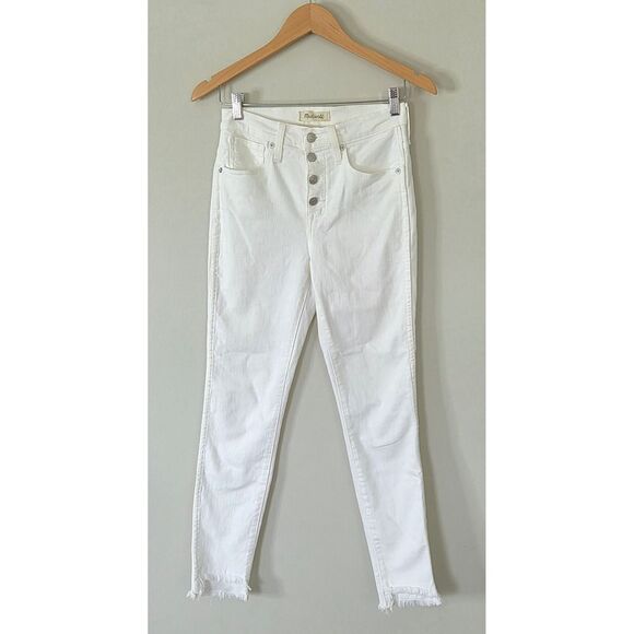 Madewell 10" High Rise Skinny Crop Jeans Button Fly Frayed Hem White Denim 26 - Picture 3 of 7